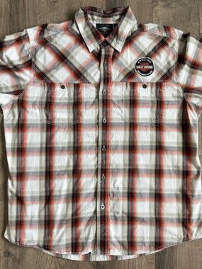 Harley-Davidson White Orange Black Plaid Button-Down Shirt with Patch